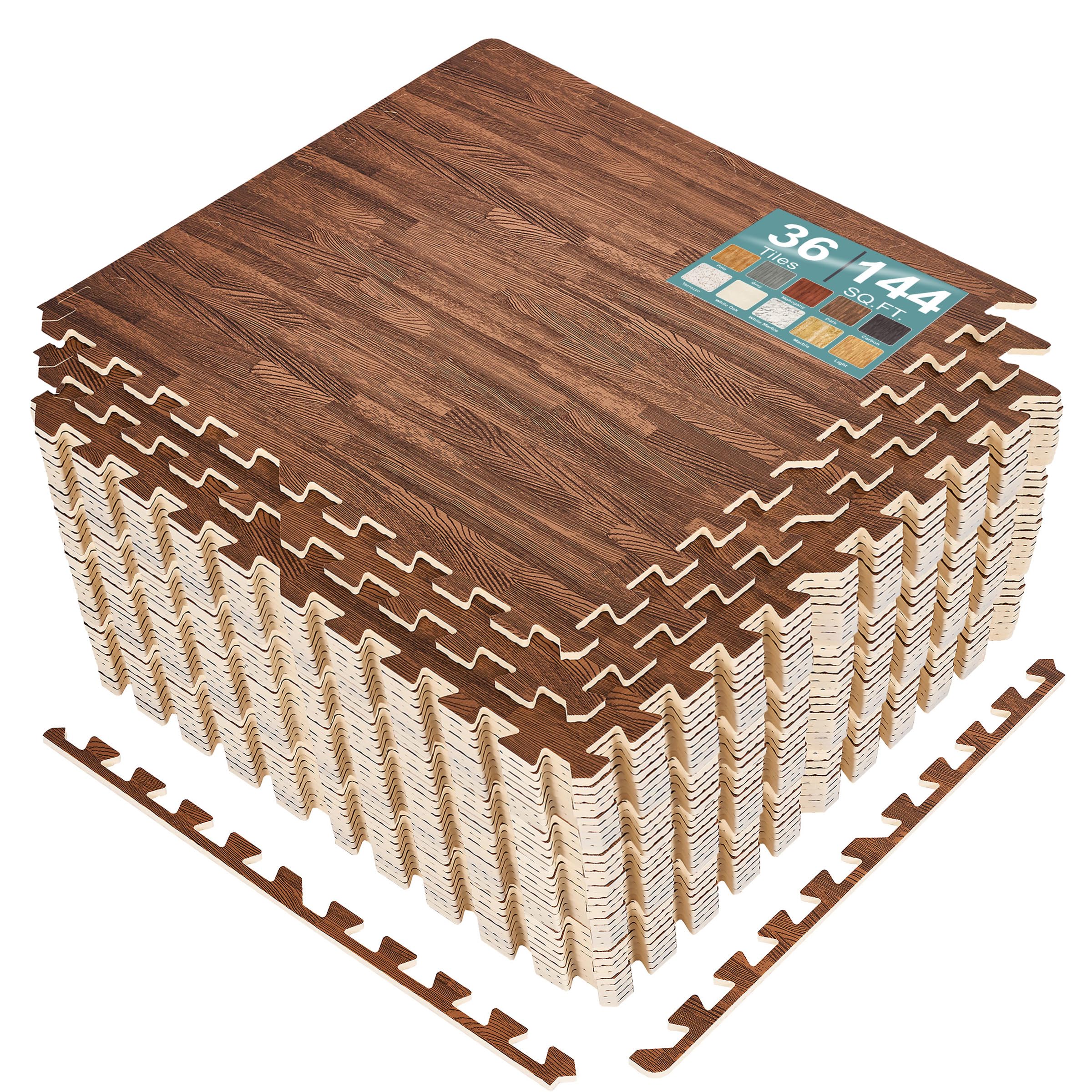 Sorbus Wood Grain Floor Tiles Foam Mat EVA Interlocking Mats Tile 3/8-Inch Thick Flooring Wood Puzzle Exercise Mats w/Borders - Home Playroom Basement, Apartment, Trade Show, Baby, Dance