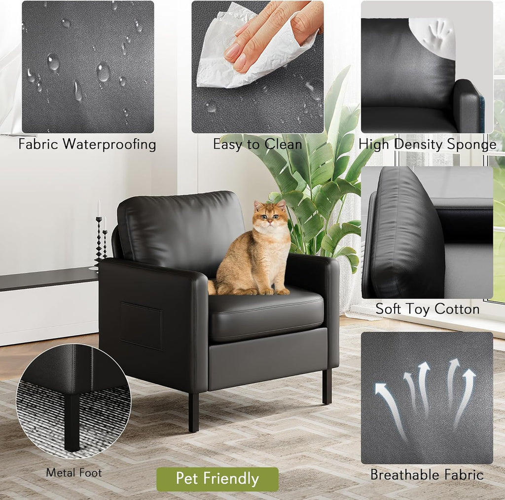 STHOUYN Black Faux Leather Accent Chair Set of 2 with Arms, Modern Small Accent Office Chair, Waiting Room Chairs for Living Room Bedroom with Metal Legs