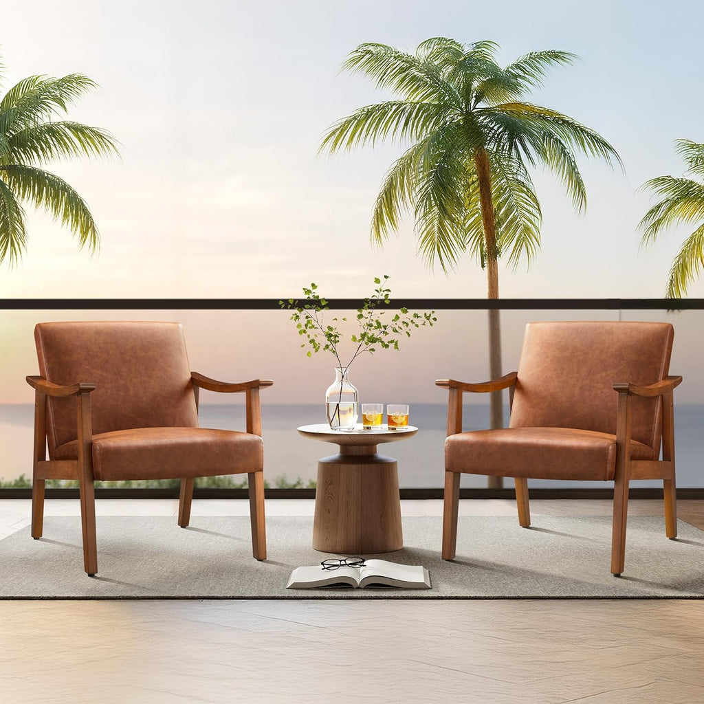 Yaheetech PU Leather Accent Chair, Mid-Century Modern Armchair with Solid Wood Legs, Reading Leisure Chair for Living Room Bedroom Waiting Room, Light Brown, Set of 2