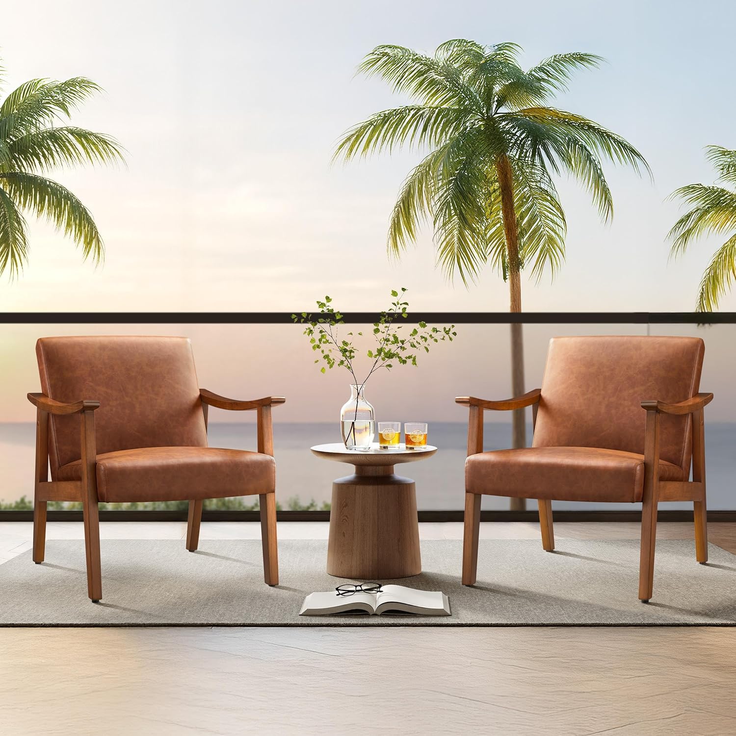 Yaheetech PU Leather Accent Chair, Mid-Century Modern Armchair with Solid Wood Legs, Reading Leisure Chair for Living Room Bedroom Waiting Room, Light Brown, Set of 2