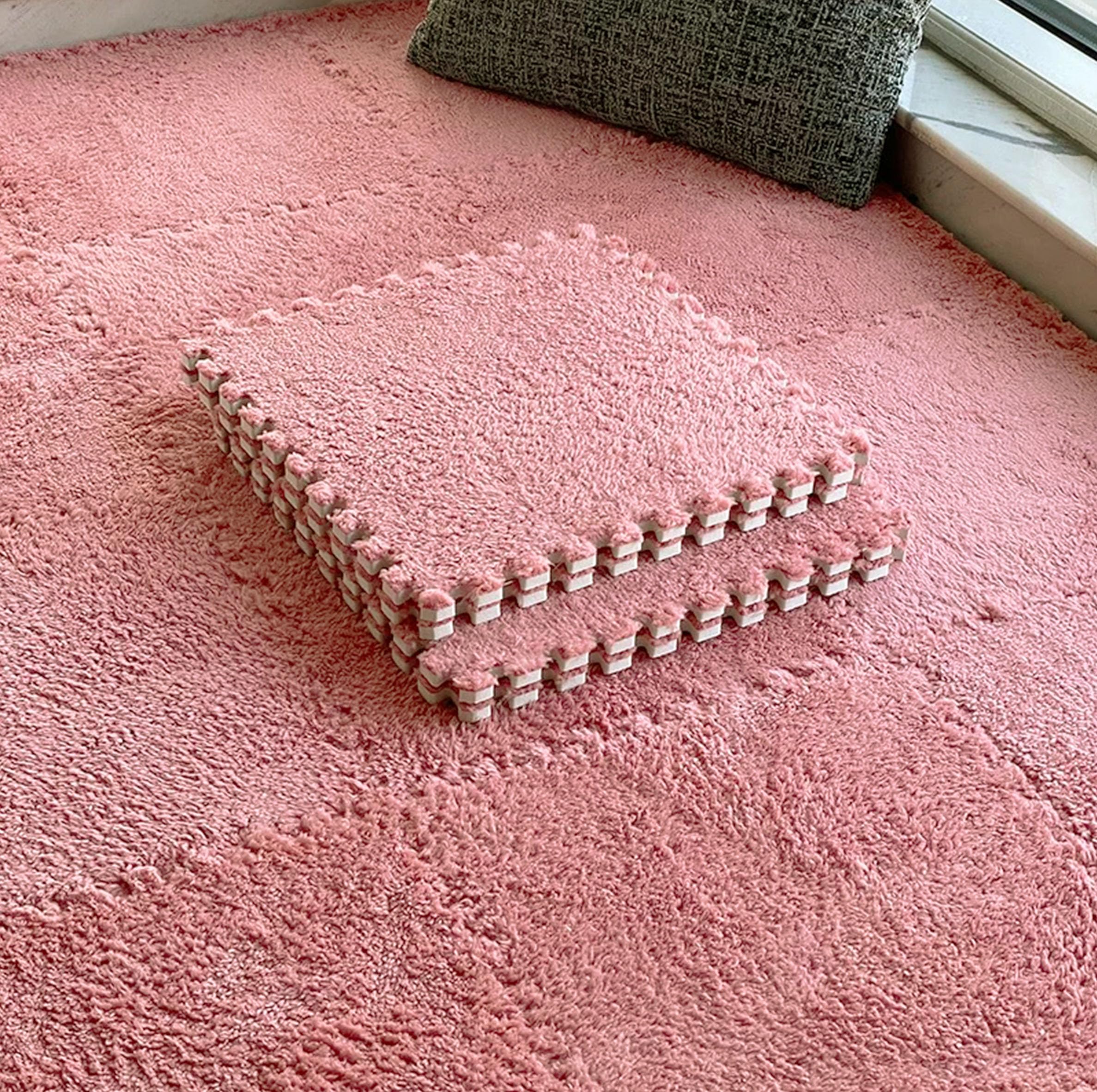 16 Pcs Kids Foam Interlocking Carpet Tiles with Border, Thick Carpet Squares Plush Floor Playmats Baby Crawling Rug - 49" x 49" (Navy Blue, 16 Tiles)