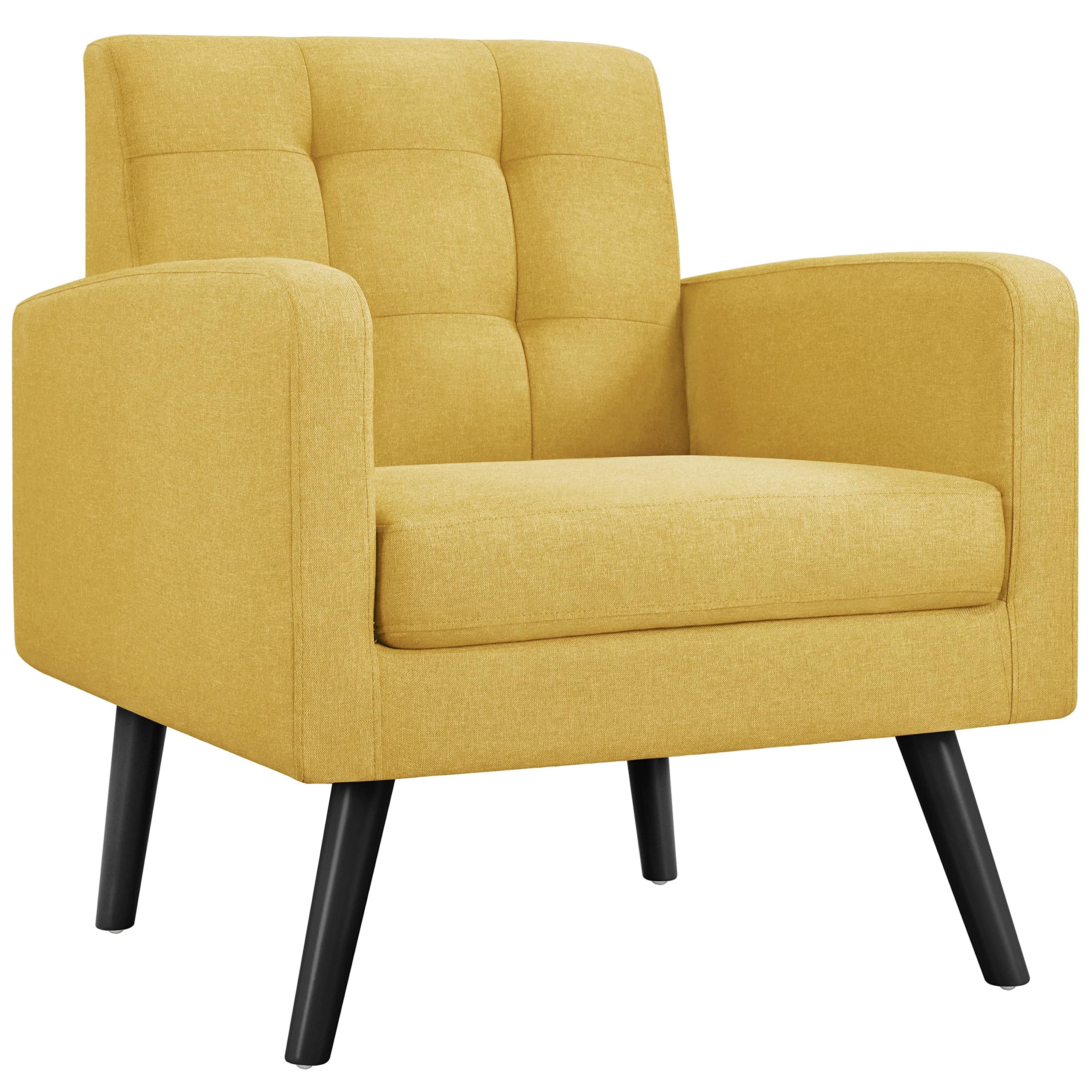 Yaheetech Mid-Century Accent Chairs, PU Leather Modern Upholstered Living Room Chair, Cozy Armchair Button Tufted Back and Wood Legs for Bedroom/Office/Cafe, Retro Brown