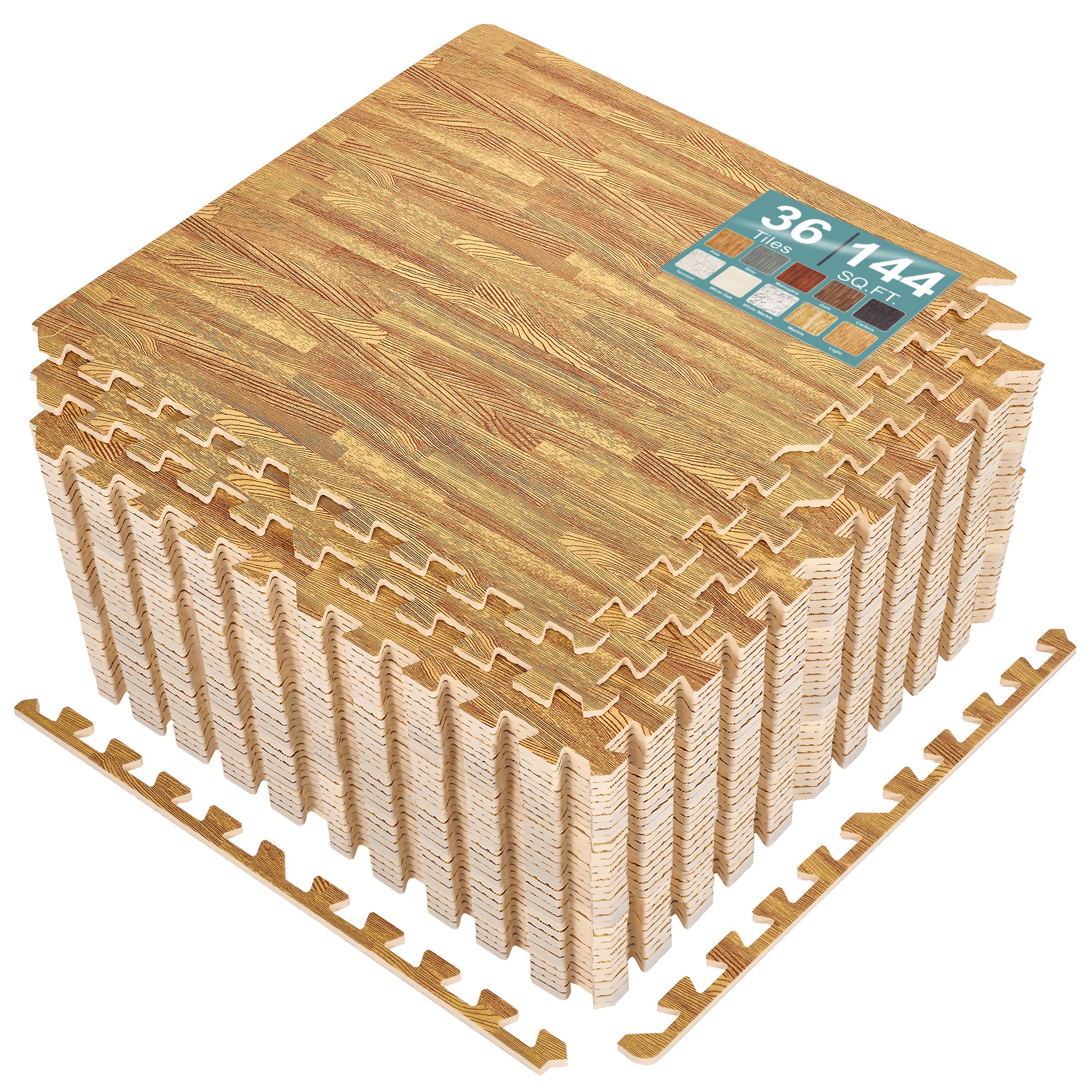 Sorbus Wood Grain Floor Tiles Foam Mat EVA Interlocking Mats Tile 3/8-Inch Thick Flooring Wood Puzzle Exercise Mats w/Borders - Home Playroom Basement, Apartment, Trade Show, Baby, Dance
