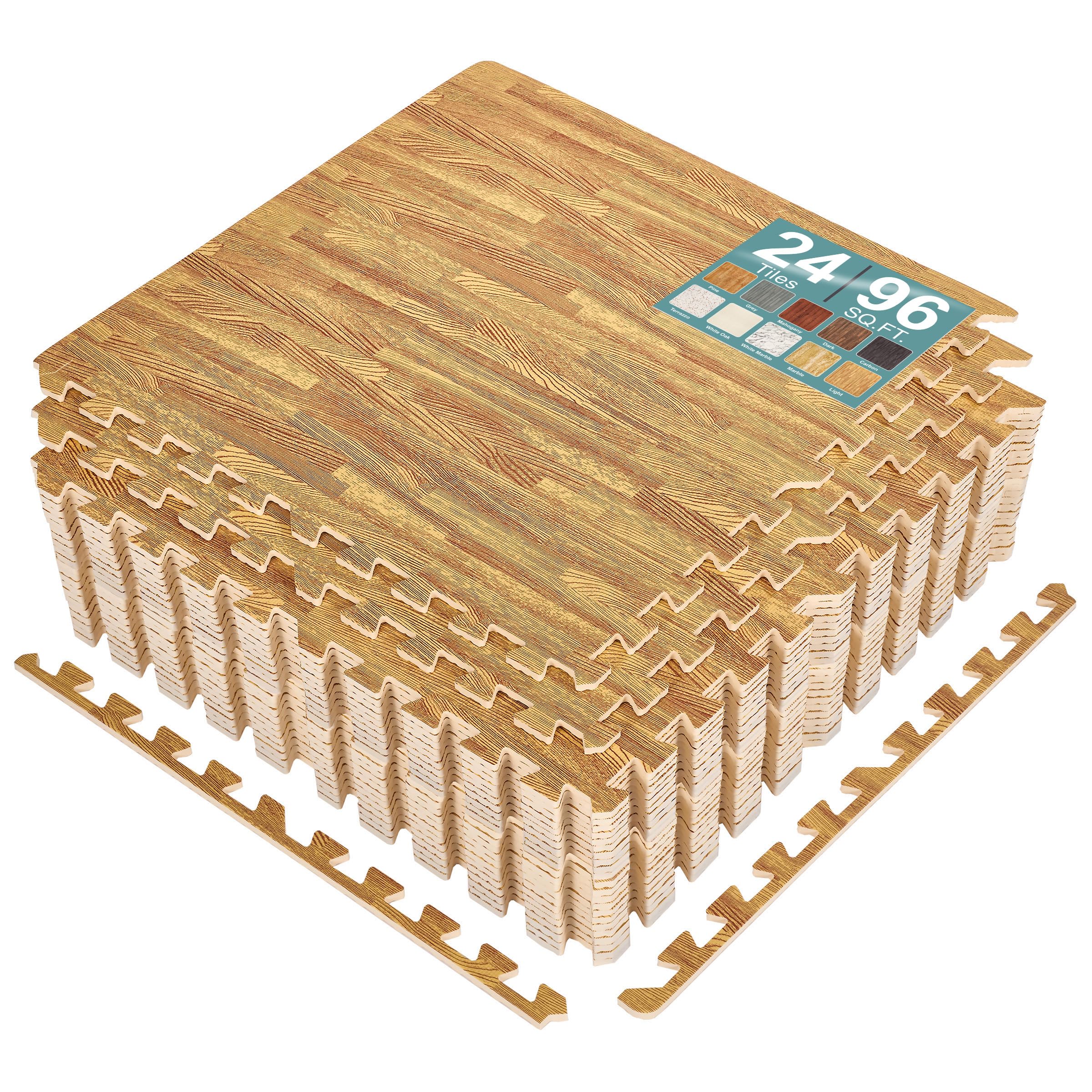 Sorbus Wood Grain Floor Tiles Foam Mat EVA Interlocking Mats Tile 3/8-Inch Thick Flooring Wood Puzzle Exercise Mats w/Borders - Home Playroom Basement, Apartment, Trade Show, Baby, Dance